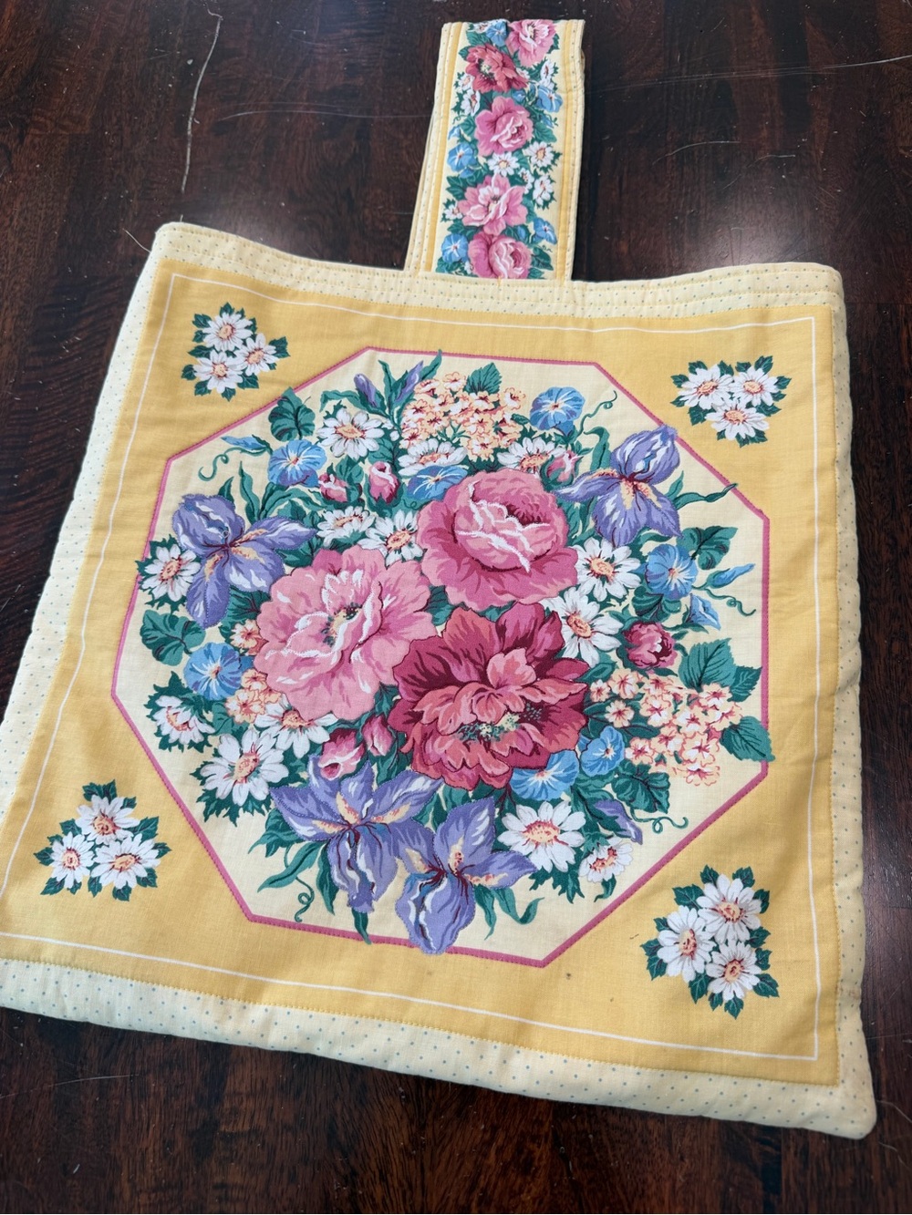 Vintage Handmade quilted yellow pink rose tote bag cotton Cottagecore 15”x15”
